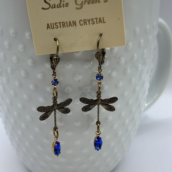 Blue Austrian Crystal Dragonfly Earrings. Brass Findings Dangling Earrings Blue - Picture 5 of 11